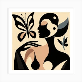 Delicate Abstract Female Portrait with Butterfly Landing Art Print