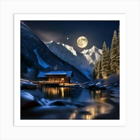 Moonlight Cabin In The Mountains Art Print