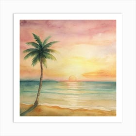 Watercolor Of A Palm Tree At Sunset Art Print