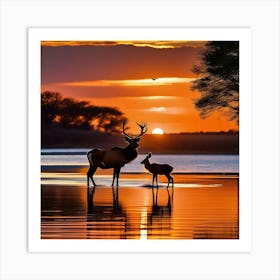 Elk And Deer At Sunset Art Print