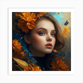 Portrait Of A Girl With Flowers Art Print