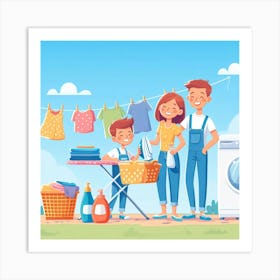 Family With Washing Machine And Clothes Art Print