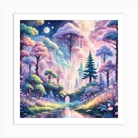 A Fantasy Forest With Twinkling Stars In Pastel Tone Square Composition 287 Art Print