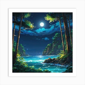 Moonlit Seascape With Luminous Waves Surrounded by a Forest at Night Art Print