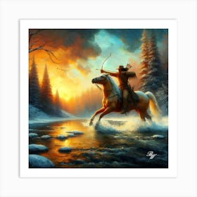 Mountain Man Shooting Bow Crossing Stream Copy Art Print