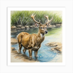 Deer In The Stream 3 Art Print