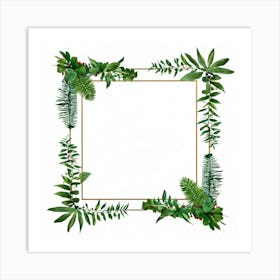 A Tropical Floral Decoration Showcasing A Square Frame Of A Stylized Tree Branch And Ferns Composit Art Print