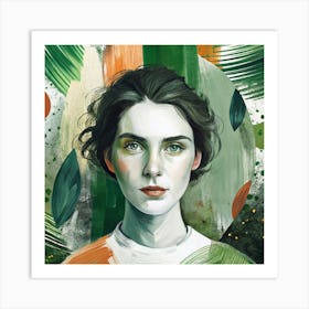 Girl With Green Leaves Art Print