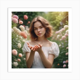 Photo Medium Shot Woman Posing In Romantic Garden Beautiful Summer Flowers In Girl Hands 2 Art Print