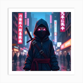 Ninja Master In Neon Cityscape, Colorful Lights Glowing 1 Art Print