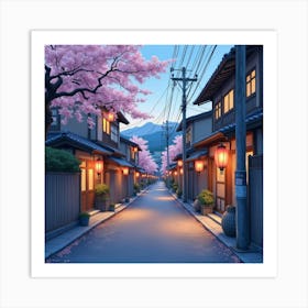 A Quiet Japanese Street At Dusk, Lanterns Glowing Softly, With Cherry Blossoms In The Air, Watercolor Art Print