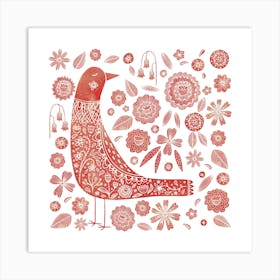 Scandinavian Bird And Flowers Red and White Art Print