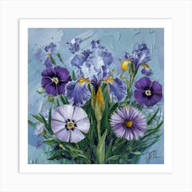 Pansies Irises and Asters Art Print