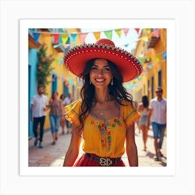 Spanish Woman In A Lively Fiesta, Watercolor With Colorful Festivities 1 Art Print