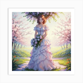 Girl With Flowers Under A Tree Art Print