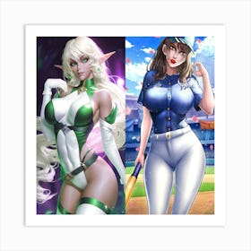 Two Women In Baseball Uniforms Art Print