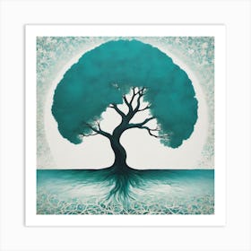 "Harmony of Life" is an evocative painting that captures the symbiotic relationship between earth and sky. The centerpiece, a robust tree, is depicted with a rich teal canopy that contrasts beautifully against a background of intricate floral motifs. This artwork embodies the delicate balance of nature—its roots and branches in a mirrored dance, suggesting interconnectedness and balance. It's an invitation to find peace and stability within the natural world's splendor. Ideal for those who appreciate art that not only beautifies a space but also imbues it with tranquility and a deeper connection to the environment. This piece is sure to elevate any collection and bring a harmonious atmosphere to wherever it's displayed. Art Print