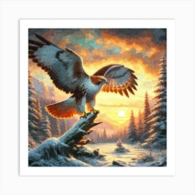 Oil Texture Winter Hawk At Sunset 1 Art Print