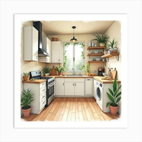 Beautifully Painted Kitchen In Watercolor, Serene And Warm 1 Art Print