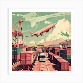 Plane Flying Over A Cargo Terminal Art Print