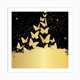 Gold Butterflies On Black Background Art Print