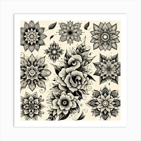 Black And White Floral Tattoo Set Art Print