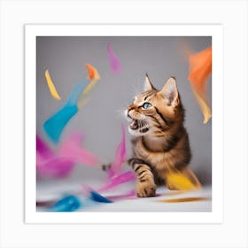 Bengal Kitten Playing With Colorful Feathers 2 Art Print