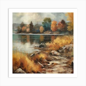 Autumn Lake,Forest Lake, Vintage Oil Painting, Farmhouse Wall Decorations, Antique Landscape, Vintage Landscape Oil Painting.6 4 Art Print