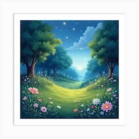 Watercolor Enchanted Meadow With Mystical Glowing Lights 1 Art Print