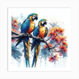 A Pair Of Blue And Yellow Macaw Parrots Art Print