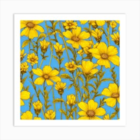 Yellow Flowers On Blue Background Art Print