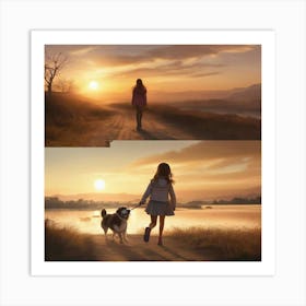 Girl Walks Her Dog Art Print