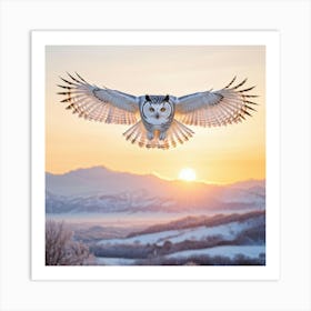 A Snow White Majestic Owl In Mid Flight Rays Of Soft Morning Light Illuminating Its Yellow Lumino Art Print