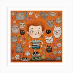 Boy And His Cats Art Print