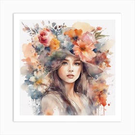 A Watercolor Detailed Painting Of Girl Featuring A Vintage Girl Beautiful Colourful Flowers On A Whi Art Print
