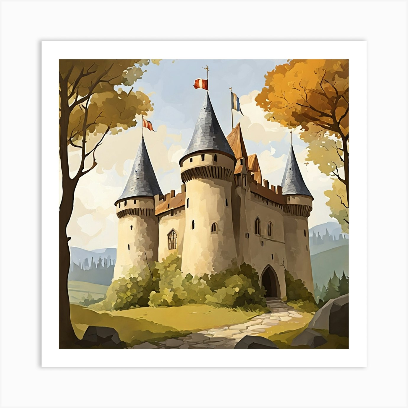 A watercolour painting of a medieval castle on a mountain, castle art