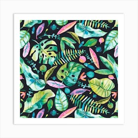 Tropical Leaves Green Pink Square Art Print