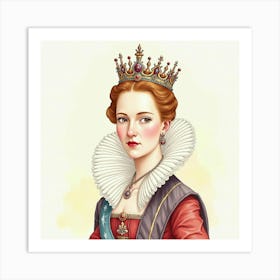 Regal Queen Elizabeth I In Watercolor, Emphasizing Her Historical Beauty 1 Art Print