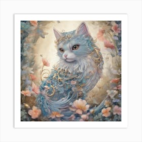 Blue Cat With Flowers Art Print