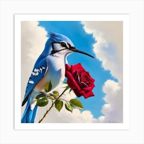 Blue Jay With Rose Art Print