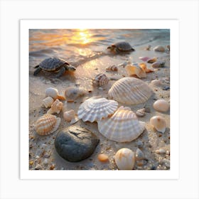 Seashells And Turtles On A Sandy Shore At Sunset 1 Art Print