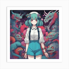 Anime Girl Standing In Front Of Monsters Art Print