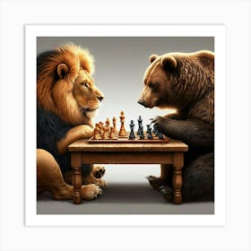 Lion And Bear Playing Chess Art Print