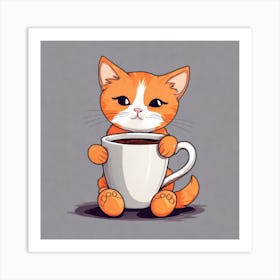 Cute Orange Kitten Loves Coffee Square Composition 5 Art Print
