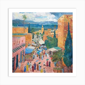 In Style of David Hockney. Outdoor Market in Marrakech . Art Print