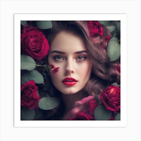 Beautiful Woman With Red Roses Art Print