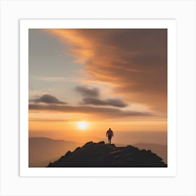 Man Standing On Top Of Mountain At Sunset Art Print
