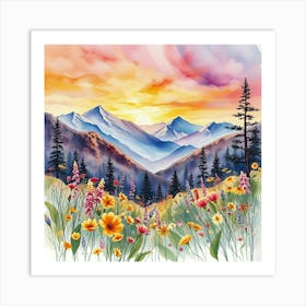 Watercolor Of Mountains And Flowers 2 Art Print