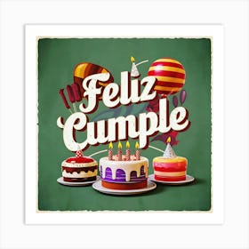 Feliz cumple and Feliz cumpleaños sign means Happy Birthday in Spanish language, Birthday party celebration gift with birthday cake candle colorful balloons best congratulation over light background wall artFeliz Cumple 52 Art Print