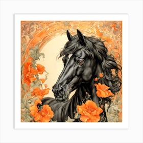 Black Horse With Orange Flowers Art Print